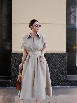 Đầm kaki chun liền dài đai eo có cổ