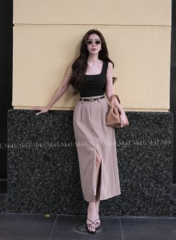 Chân váy công sở cạp cao xẻ tà trước