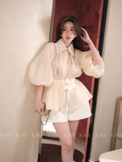 Áo sơ mi tơ 2 cổ tay bồng kèm dây beo hoa