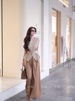 Set linen áo gile sát nách và quần ống rộng