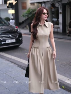 Đầm thiết kế không tay cổ sơ mi khoá trước túi cách điệu