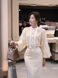 Áo sơ mi ren hoa nổi cổ dây