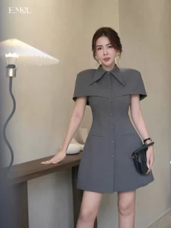 Đầm phủ vai cổ sơ mi dáng ngắn