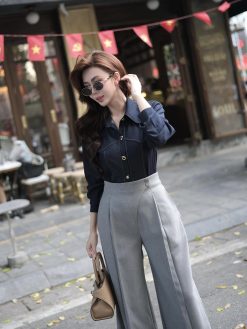 Áo sơ mi bò lụa cổ nhọn chỉ nổi