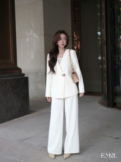 Set 3 món áo vest không cổ khuy đồng và quần ống rộng kèm áo ba lỗ tơ