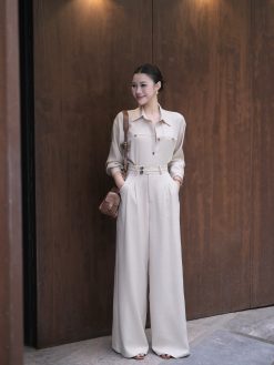 Set tơ vân đũi áo sơ mi cúc nâu và quần ống rộng 2 cúc