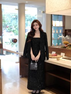 Set váy quây kim sa dáng dài và áo vest dài tay