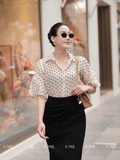 Áo sơ mi tơ giấy chấm bi
