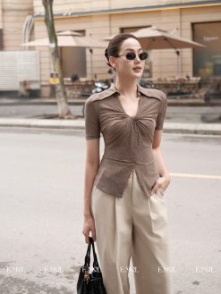 Áo thun nữ cổ sơ mi xoắn ngực