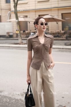 Áo thun nữ cổ sơ mi xoắn ngực