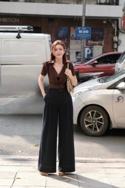 Quần ống rộng bò lụa chỉ nổi