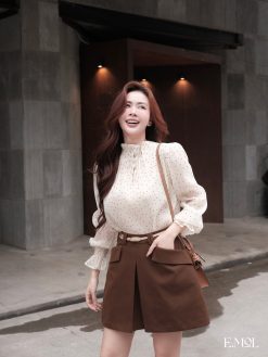 Áo sơ mi tơ DÀI TAY bo gấu xếp ly cổ