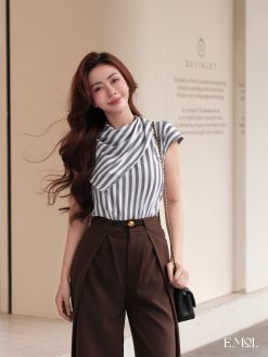 Áo sơ mi thô kẻ cổ cách điệu