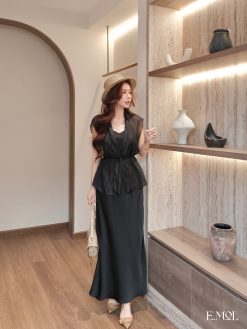 Set váy lụa và áo choàng tơ nhăn KÈM BELT