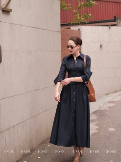 Đầm cổ sơ mi chiết li eo