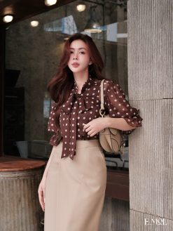 Áo tơ CHẤM BI TO thắt dây nơ cổ