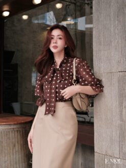 Áo tơ CHẤM BI TO thắt dây nơ cổ