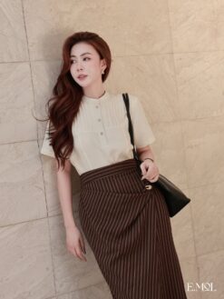 Áo cổ tàu xếp ly dọc ngắn tay
