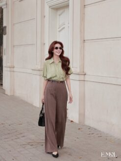 Quần linen xước hạ ly cạp cao