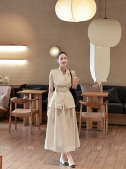 Set áo tay chờm cổ vest kèm đai eo và chân váy midi