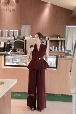 Set vest khuy bạc không tay và quần ống rộng
