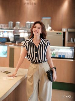 Áo sơ mi kẻ sọc nẹp trơn cúc kim loại