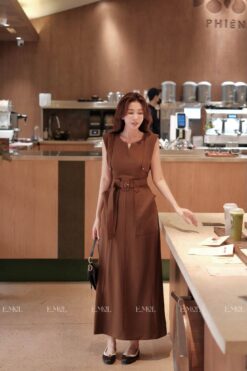 Váy xước hàn dáng dài túi ốp kèm đai