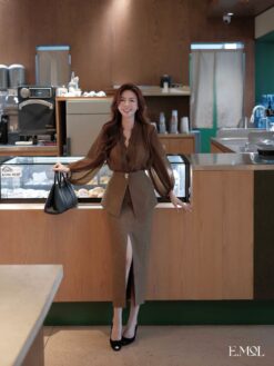 Chân váy công sở dáng dài CẠP RỜI vạt peplum xước tuyết