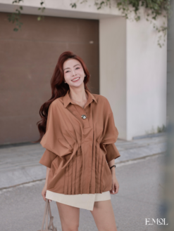 Áo sơ mi tay phồng giật tầng MÀU NÂU