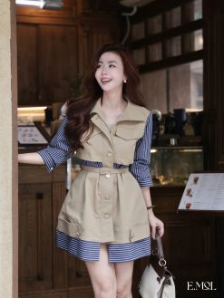Đầm thiết kế kaki phối kẻ sọc kèm đai eo