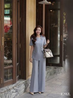 Set vest khuy vuông cài lệch và quần dài ống rộng
